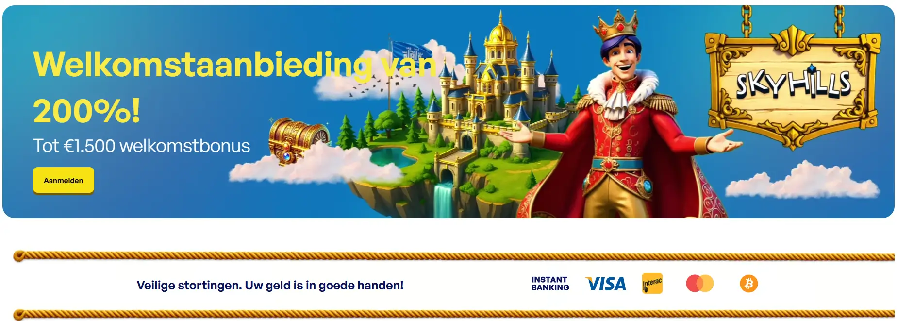 Welkomstaanbieding voor nieuwe spelers Skyhills Casino welkomstbonus banner
