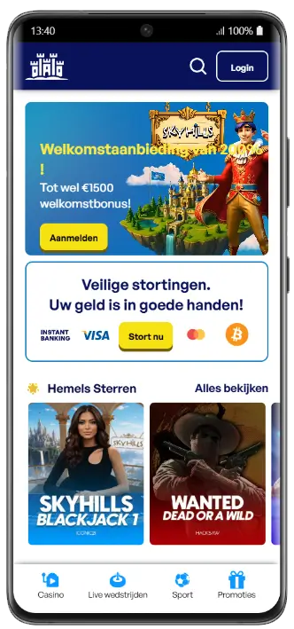 Spelen via de mobiele versie Skyhills Casino mobiele startpagina