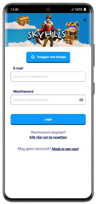 Registratie en aanmelden bij het casino Skyhills Casino inlogscherm mobiel